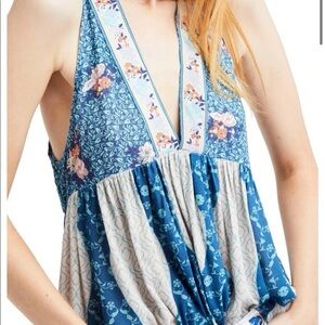 Free People Dream Darlin Patchwork Babydoll Tank Blue L NWOT